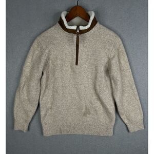 Orvis Sweater Mens Large Beige Stowe 1/4 Zip‎ Lambs Wool Sherpa Leather Collar